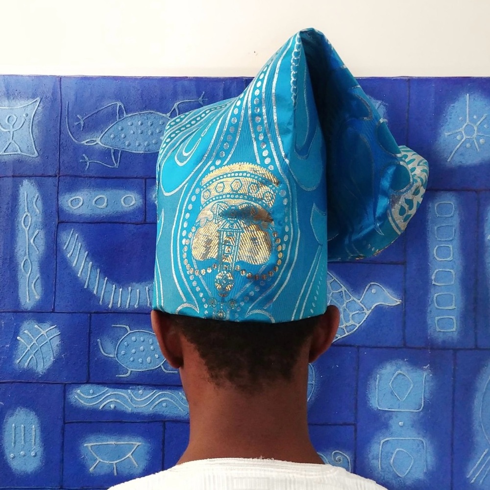 African Long Fila Hat Metallic Blue Brocade